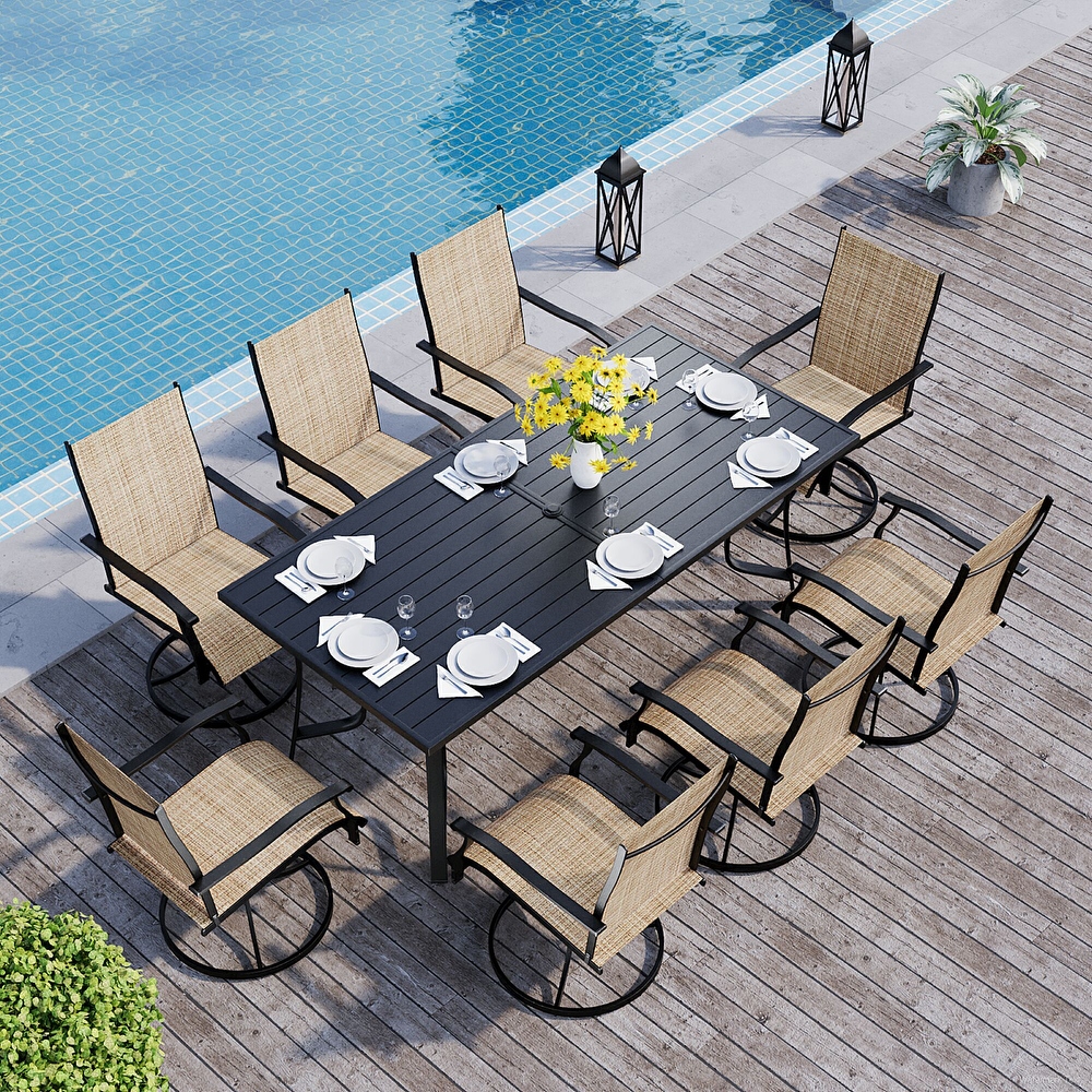 Patio Dining Set w Textilene / Swivel Rocking Chairs, Outdoor Table & Chairs w Adjustable Umbrella Hole, 5/7/9-Piece Garden Set